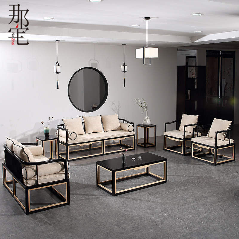 New Chinese style solid wood sofa living room combination Zen fabric log classical model room hotel furniture customization