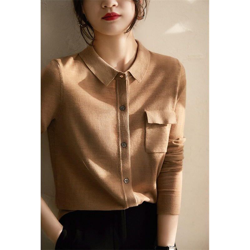 Amash Women's Genuine 2026 Autumn and Winter New Polo Collar Wool Long-Sleeved Bottoming Knitted Cardigan Shirt Top