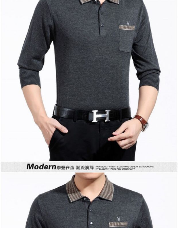 Playboy áo thun dài tay mùa thu đông mới cộng với nhung dày nam trung tính ve áo bỏ túi bố shirt versace