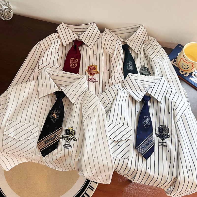 Harry Potter Collaboration New College-Style Striped Waist-Cinching Short Slim-Fit Regular Shoulder Long-Sleeve Shirt Trendy Top
