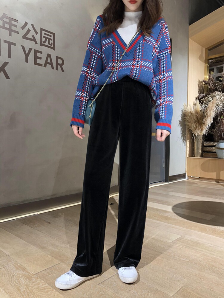 Black maternity velvet wide-leg pants Spring and Autumn thin loose casual sweatpants outside the belly straight tube mopping trousers