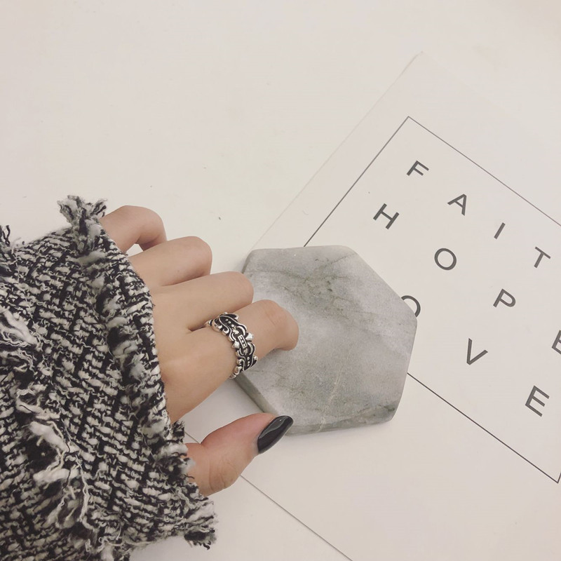 S925 sterling bạc nhẫn nữ ngày hipster Hàn Quốc sáng tạo retro phóng đại mở điều chỉnh chỉ số ngón tay đôi nhẫn phụ nữ nhẫn nam kim cương