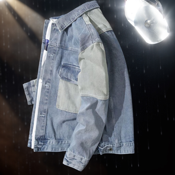 
American spliced denim shirt jacket for men's autumn and winter new fashion brand retro contrasting color loose large size work jacket