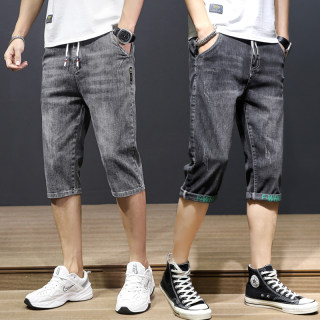 Summer black and gray drawstring elastic waist denim shorts