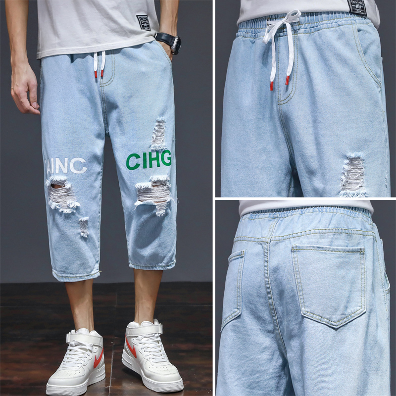 Summer Thin Ripped Denim Shorts for Men 2022 New Trendy Brand Mid-Length Pants Summer Loose Men's Cropped Pants