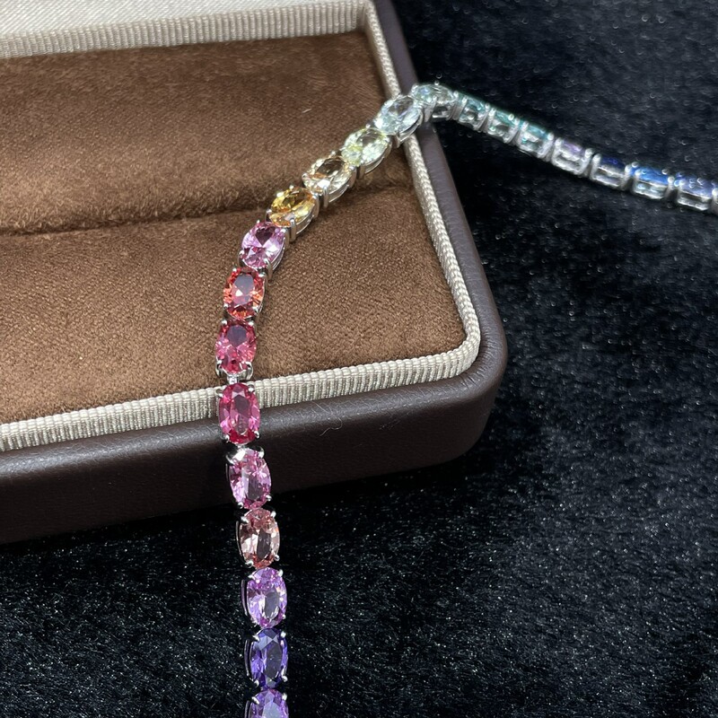 Rainbow Gradient Cultured Pink Sapphire Tennis Chain S925 Silver Gold-Plated Inlaid with 4*6mm Gemstone Bracelet
