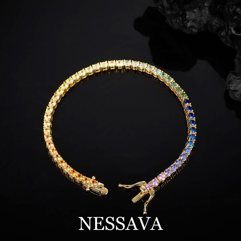 Rainbow Cultured Pink Sapphire Bracelet, Gradient Color Gemstone Tennis Chain, S925 Silver Plated with Gold