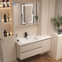 Customized cut-angle ceramic integrated basin hidden folding bathroom cabinet combination hand wash basin wash table cream style