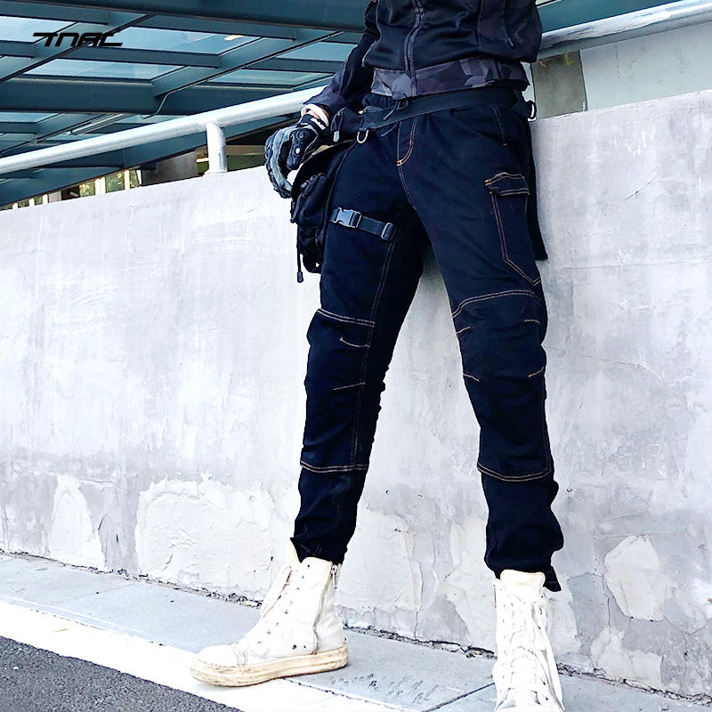 TNAC Tuochi motorcycle motorcycle riding pants Denim men's casual drawstring foot protection slim tooling four seasons racing pants