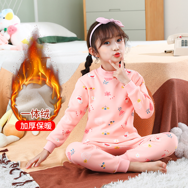 Children's autumn and winter plus velvet thick thermal underwear set 2021 new Zhongda cartoon mid-high collar bottoming pajamas