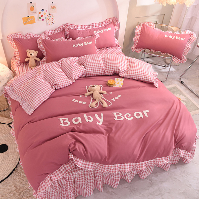 ins wind Korean cute cartoon bed skirt four-piece set cotton cotton sheet duvet cover baby skin-friendly bedding set 4