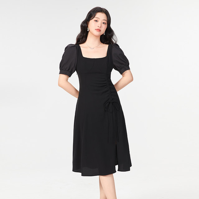 GW plus size women's temperament waist side pleated square collar slim dress 2024 summer new little fat mm little black dress