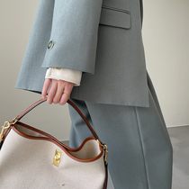 Choi Aunt Custom Fake Door Brokenness High turnover Collar Color Cushion Shoulder Suit High Waist Straight Drum Pants Two Sets of Suit Women