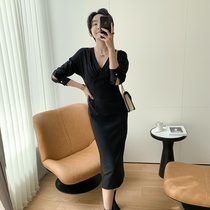 Cui Aunt Customized Scallop V Collar Temperament Collection Waist Display Slim Mid-Length Dress Woman Autumn Winter Long Sleeve Bottom Skirt