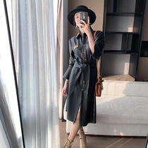  Aunt Cui customized heavy-duty island fiber long-sleeved leather dress design sense niche waist long skirt autumn and winter