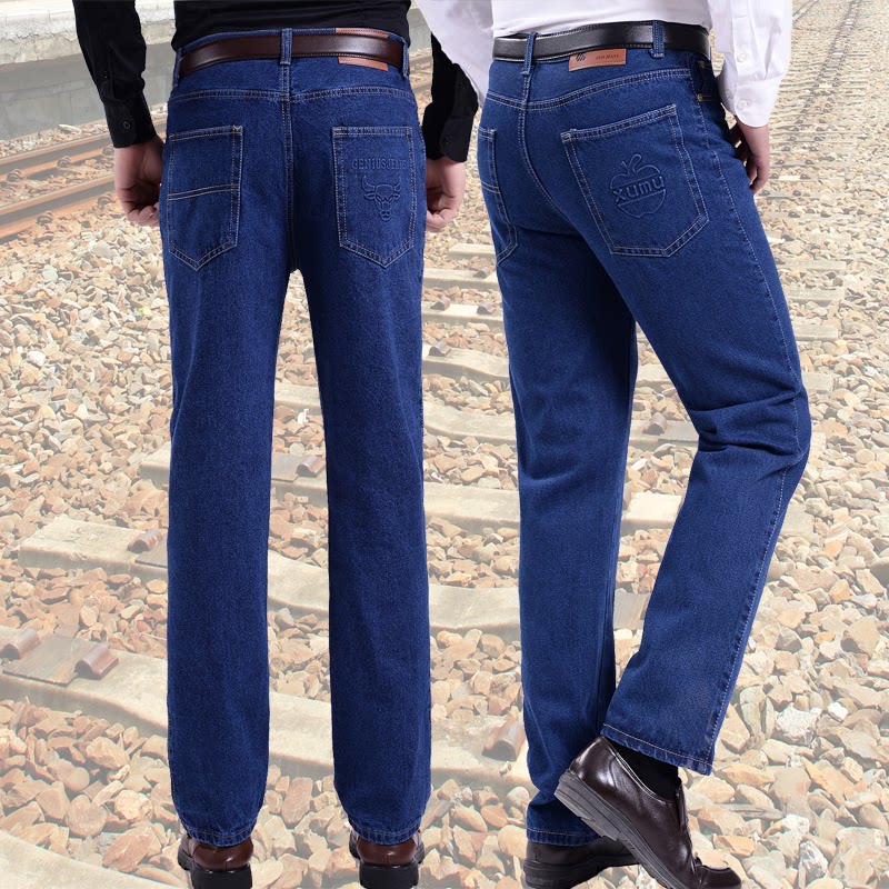 Middle-aged and elderly work pants elastic casual jeans men's summer thin section dad high waist large size straight loose welder