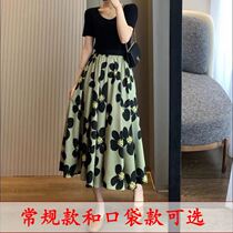 Spring Korean version High waist large flowers printed sweet and beautiful retro elegant display slim A large pendulum snowspun long and half body dress