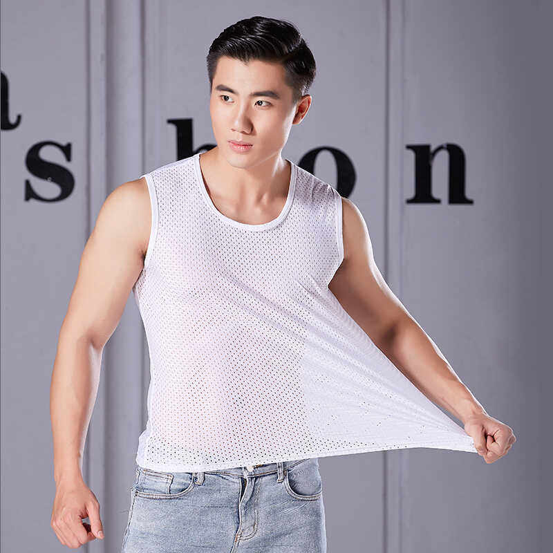 Summer ice silk vest for men, liquid quick-drying, cool mesh, sweat-wicking, breathable, sleeveless sports basketball jacket with wide shoulders