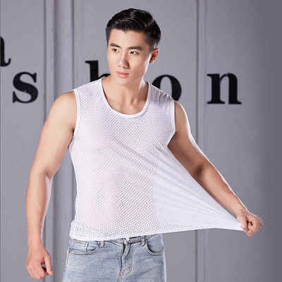 Summer ice silk vest for men, liquid quick-drying, cool mesh, sweat-wicking, breathable, sleeveless sports basketball jacket with wide shoulders
