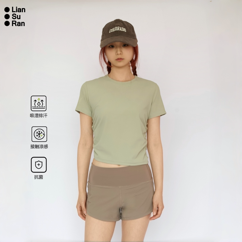 Lian Suran 2026 Summer New Breathable Yoga Running Fitness Versatile Ribbed Women's Sports Casual T-Shirt