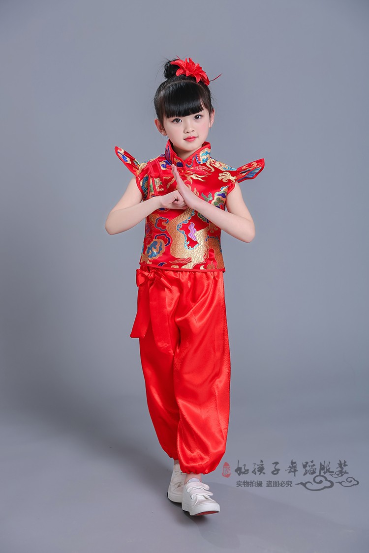 Biểu diễn võ thuật của trẻ em, quần áo lễ hội, nút thắt Trung Quốc, bài hát, trống trẻ em, cửa mở, trang phục múa đỏ đồ bộ cho be gái 12 tuổi