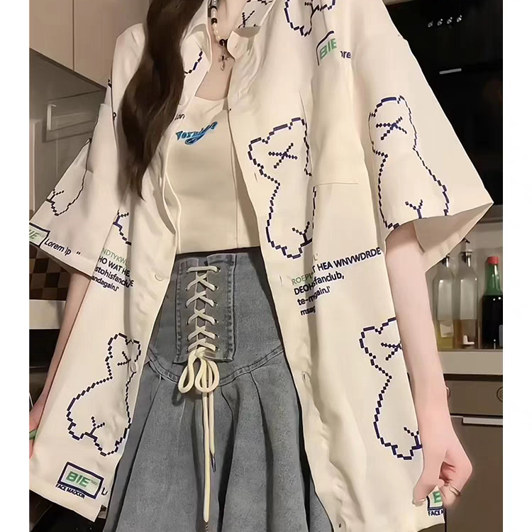 American-Style All-Over Print Short-Sleeve Shirt for Women, Summer Cartoon Thin Style, Loose Design, Niche Shirt Jacket, Trendy