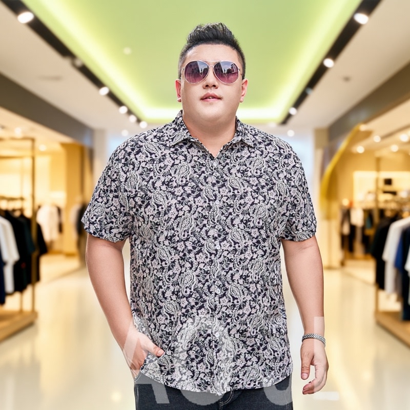 Summer New Style Plus-Size Men's Casual Shirt with Full Print, Loose Short-Sleeve Floral Shirt for Big Guys
