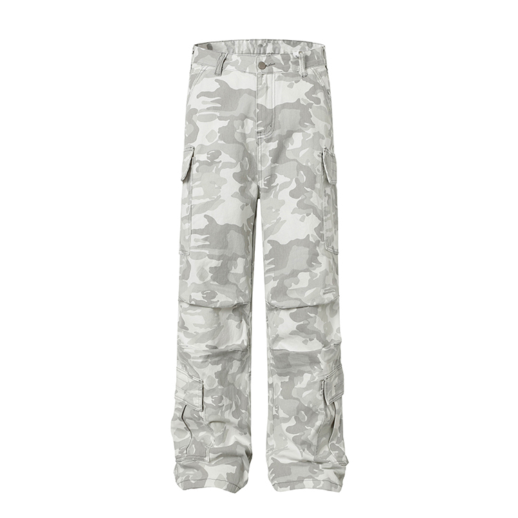 American Retro Washed Snow Camouflage Straight-Leg Voguo Cargo Pants for Men and Women with Multiple Pockets, Slightly Flared Wide-Leg Casual Pants