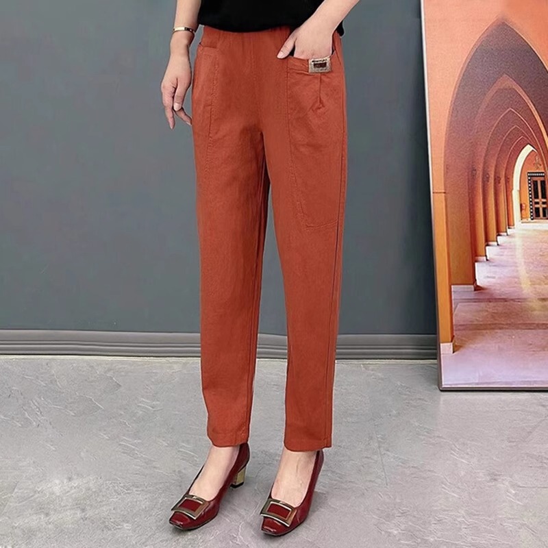 Middle-Aged Women's Pants New Popular Slimming High-Waisted Harem Pants Elastic Waist Twill Cotton Stretch Casual Long Pants