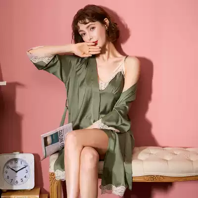 Ice silk nightgown women Summer thin sling sling pajamas spring and autumn lace gowns real silk home suit suit