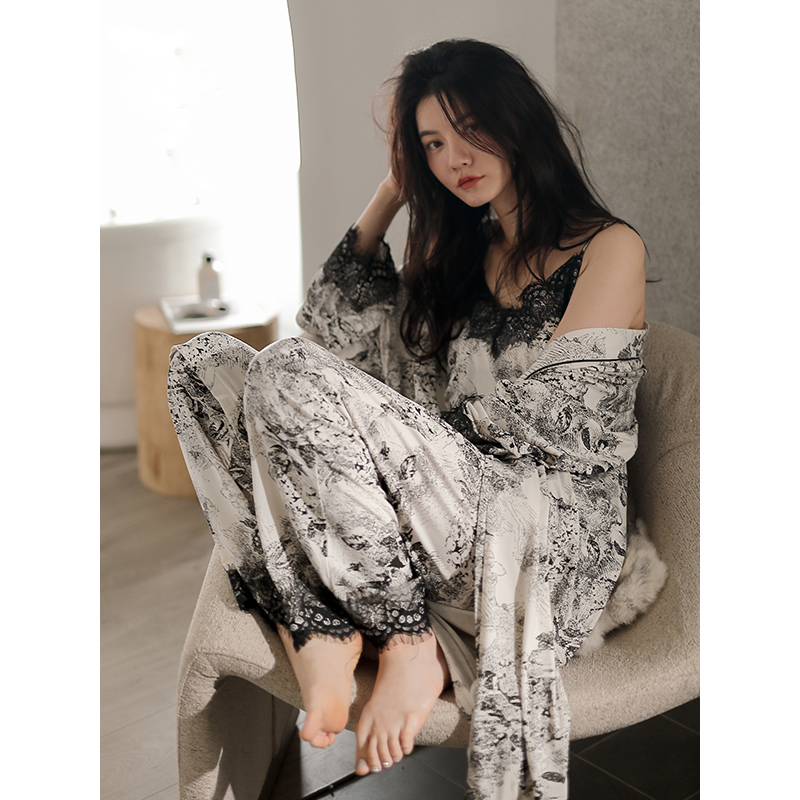 Water Ink Flowers Bird Painting ~ Guochao Small Sexy Harnesses Sleeping Clothes Lady Spring Autumn Long Sleeve Sleeping Robe Modale Three Suits