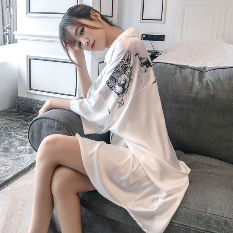 Boyfriend style sexy careful machine ~ Zoo printed shirt night dress women's thin ice silk medium and long version pajamas summer