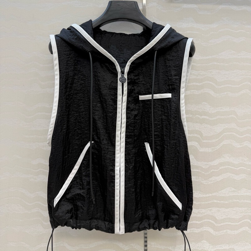 Sports Girl's Leather-Trimmed, Color-Blocked, Adjustable Waist, High-Waisted, Mesh-Lined, Hooded Vest Top for Women