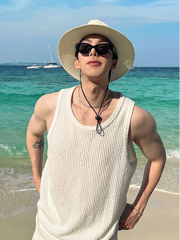 High-End, Cool and Stylish Men's Vest for Summer, Casual, Loose, Lazy Style, Textured, Sporty, Sleeveless T-Shirt