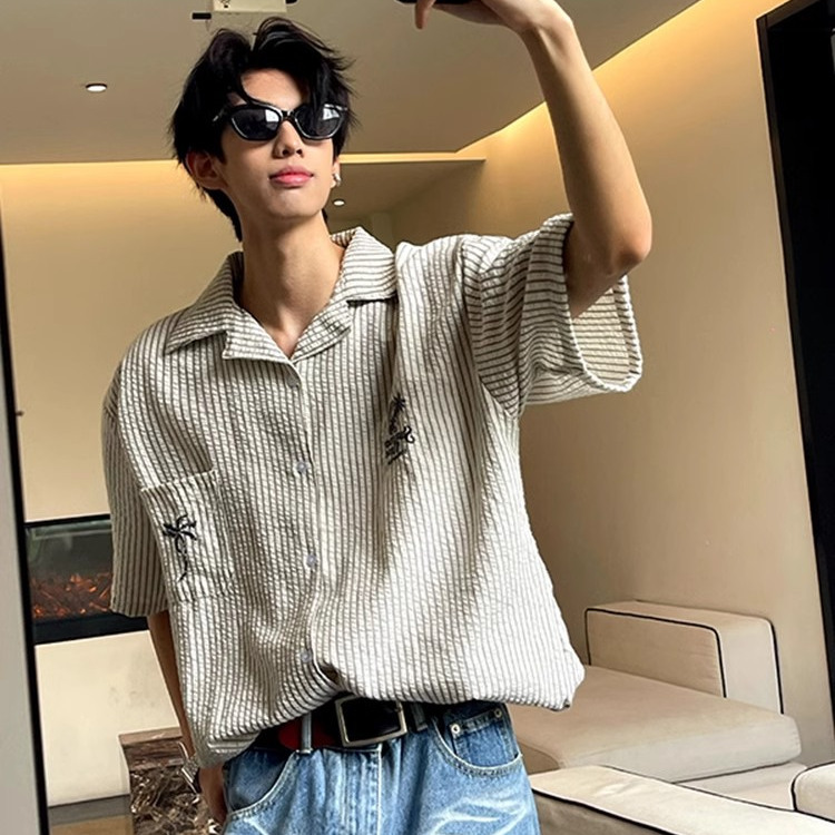 Unique Designer Embroidered Striped Cuban Collar Short-Sleeve Shirt for Men, Summer Vintage Casual Loose Shirt, Trendy