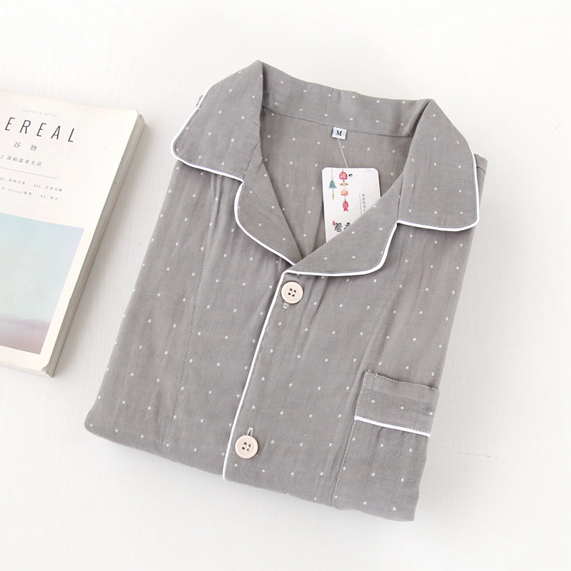 Bộ đồ gạc cotton nam mùa hè mỏng phần nữ đồ ngủ cotton đôi mẫu phục vụ nhà mùa xuân và mùa thu dệt màu jacquard đồ bộ dài tay mặc nhà