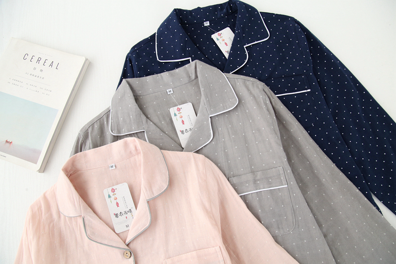 Bộ đồ gạc cotton nam mùa hè mỏng phần nữ đồ ngủ cotton đôi mẫu phục vụ nhà mùa xuân và mùa thu dệt màu jacquard đồ bộ dài tay mặc nhà