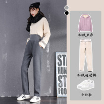Womens velvet straight autumn and winter sports pants womens high waist pants wear loose padded cotton pants lamb velvet pants