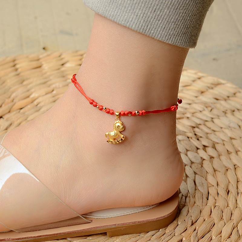 Original design anklet for couple men and women handmade retro red rope zodiac year braided bell long life lock ankle rope - Taobao
