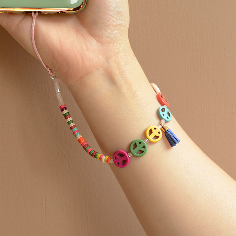 Ethnic style imitation turquoise tassel mobile phone pendant ornaments decorative chain anti-lost wrist pink color flower short universal