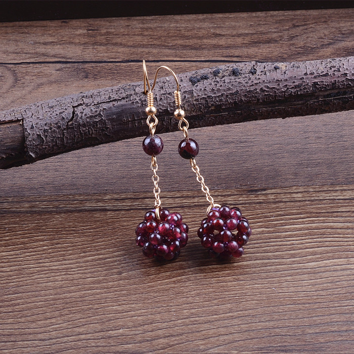 Earrings Woman Fashion Pomegranate Stone Floral Ball Temperament Long Prints Retro China Wind Handmade Ornaments