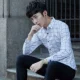 Mùa thu 2018 nam mới áo sơ mi dài tay kẻ sọc trắng xanh nam Slim kinh doanh công cụ dụng cụ nam