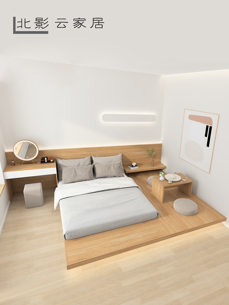 Japanese-style double floor-to-ceiling bed floor platform low bed with combination desk can be customized solid wood simple king-size bed
