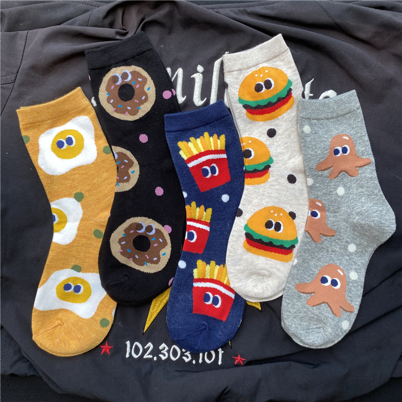 Autumn and Winter  Pairs of Mid-Calf Socks for Women ins Couple-Friendly Versatile Japanese Cartoon Quirky Real Socks Warm and Trendy