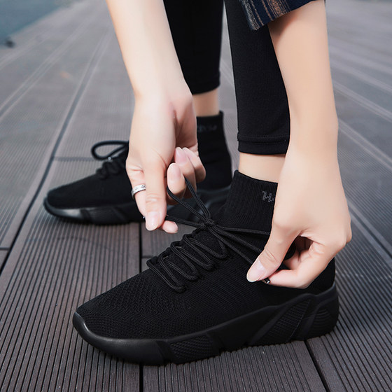 여성을 위한 매우 부드러운 밑창 비연마성 운동화, 검은색 작업화, 탄력 있는 양말, 낡은 베이징 천 신발, 대형 41~43