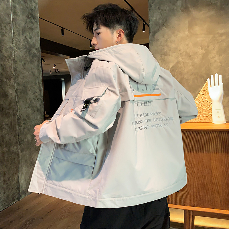 2019秋季工装外套男薄款韩版男生潮流休闲宽松连帽防风撞色夹克男