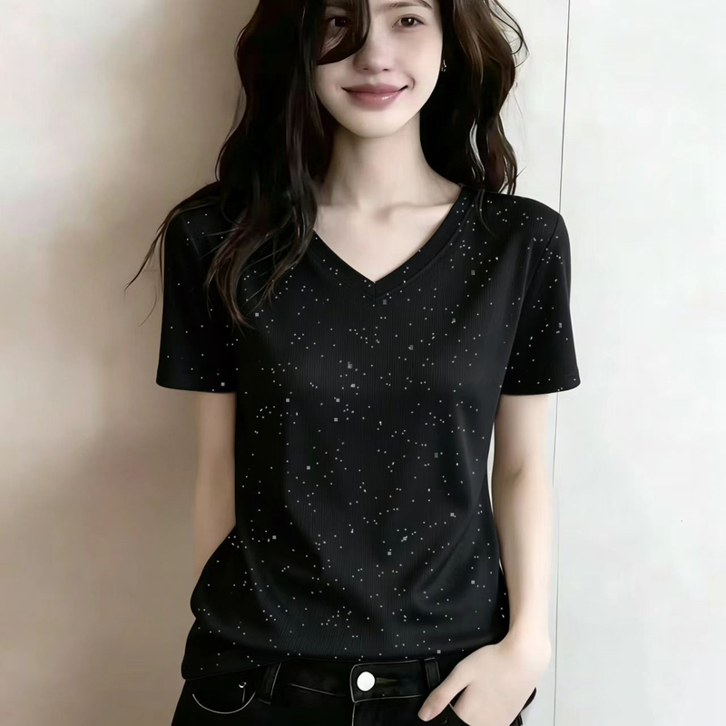 Sparkling Starry Ribbed V-Neck Solid Color Short-Sleeve Top 2026 New Summer Sequin T-Shirt Versatile Base Shirt Sparkling Starry Ribbed V-Neck Solid Color Short-Sleeve Top 2026 New Summer Sequin T-Shirt Versatile Base Shirt