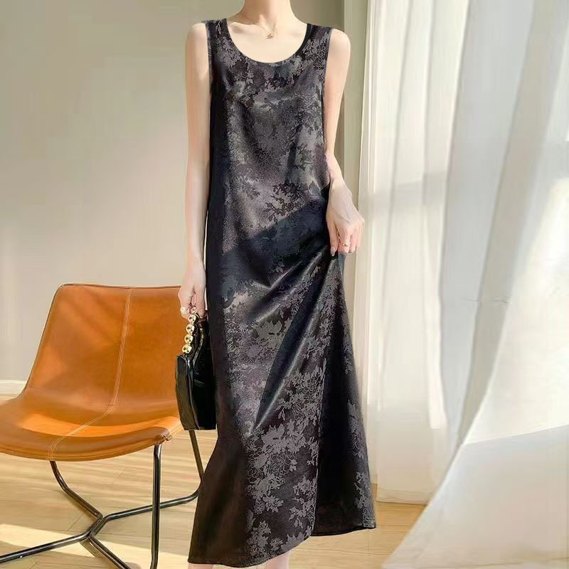 Summer New Style French Round-Neck Vest Mid-Length Dress, Imitation Satin Jacquard Loose-Fitting Slimming Tank Dress