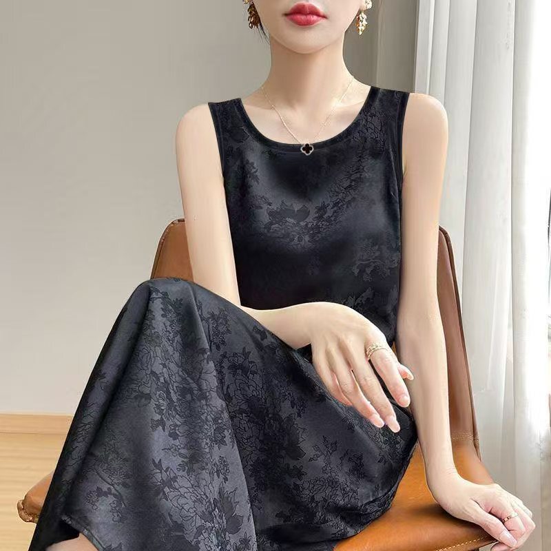 Summer New Style French Round-Neck Vest Mid-Length Dress, Imitation Satin Jacquard Loose-Fitting Slimming Tank Dress Summer New Style French Round-Neck Vest Mid-Length Dress, Imitation Satin Jacquard Loose-Fitting Slimming Tank Dress