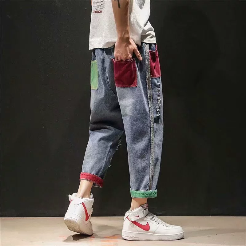 Quần jeans nam 9 điểm mùa hè Phiên bản Hàn Quốc của quần tây tự tu quần Quần nam 9 điểm giản dị tất cả quần rách quần nam - Quần jean